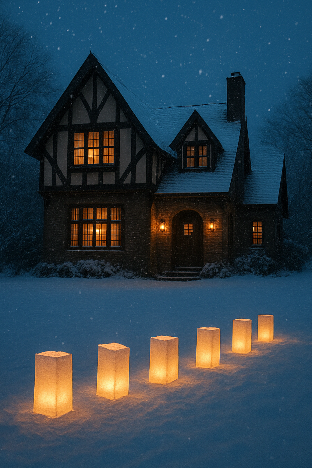 Twilight Snowfall on a Tudor House