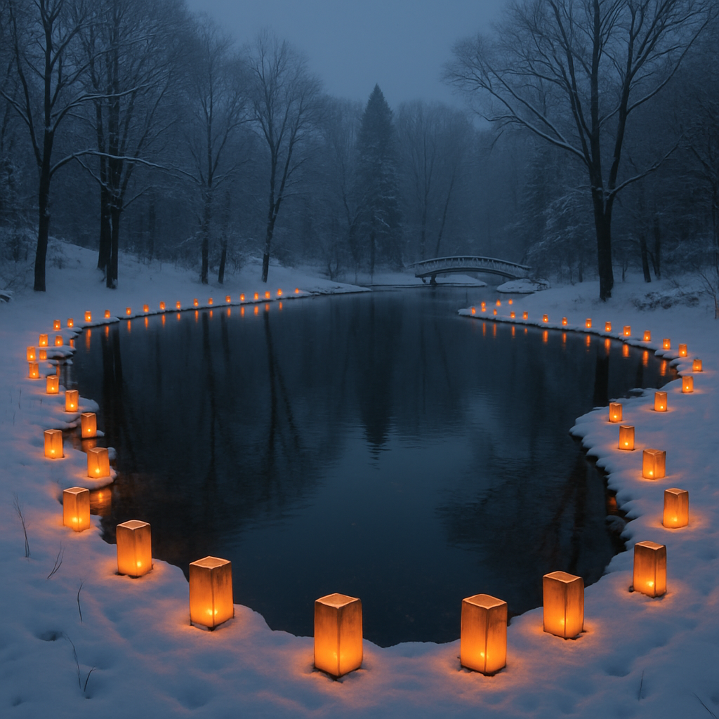 luminaries lit around small lake in winter time